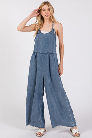 Denim Mineral Wash Spaghetti Jumpsuit- -Trendy Me Boutique, Granada Hills California