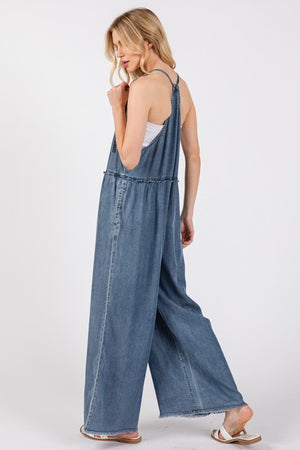 Denim Mineral Wash Spaghetti Jumpsuit- -Trendy Me Boutique, Granada Hills California