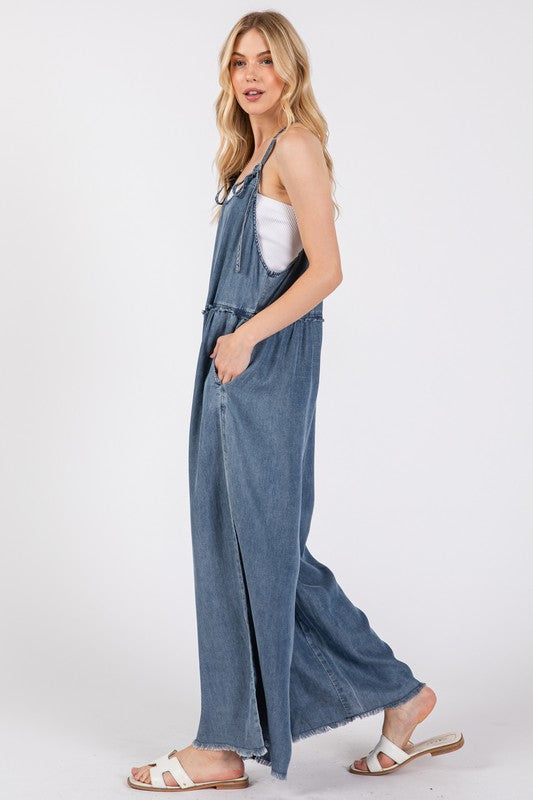 Denim Mineral Wash Spaghetti Jumpsuit- -Trendy Me Boutique, Granada Hills California