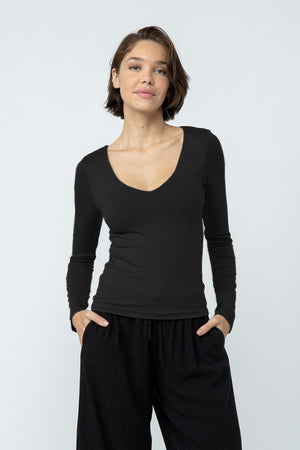 Black Double Lined V Neck Top- -Trendy Me Boutique, Granada Hills California