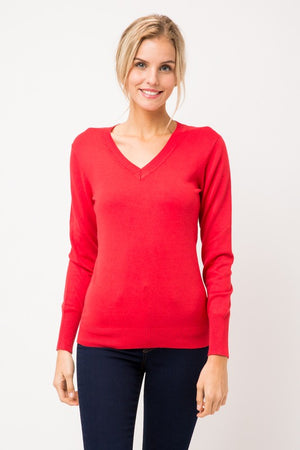 Red Fitted V Neck Sweater- -Trendy Me Boutique, Granada Hills California