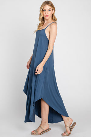 Blue Spaghetti Strap Knit Curve Hem Dress- -Trendy Me Boutique, Granada Hills California