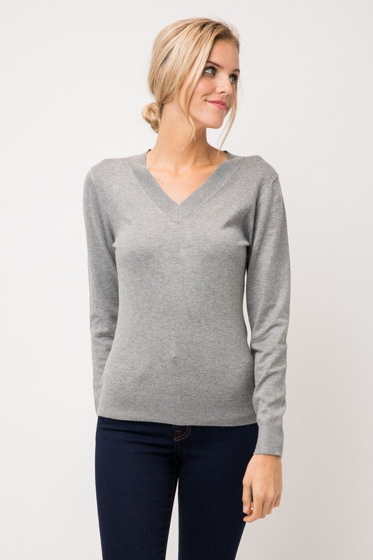 Heather Grey Fitted V Neck Sweater- -Trendy Me Boutique, Granada Hills California
