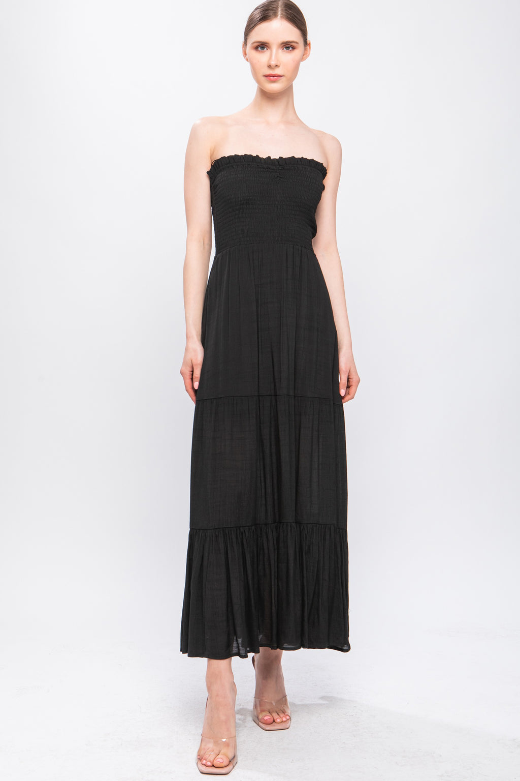 BLACK OFF SHOULDER TIERED DRESS- -Trendy Me Boutique, Granada Hills California