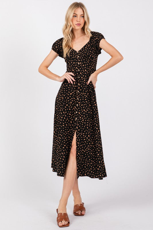 Black Brown Print Button Down Dress- -Trendy Me Boutique, Granada Hills California