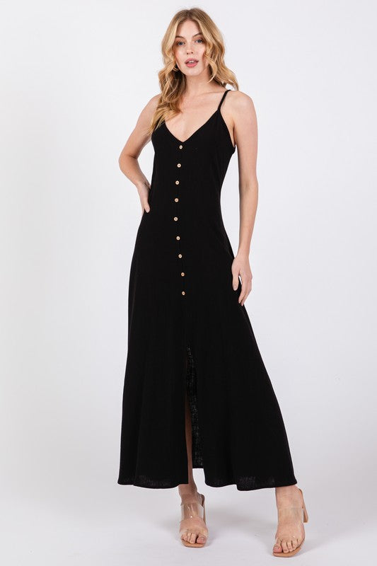 Black Linen Button Down Maxi Dress- -Trendy Me Boutique, Granada Hills California