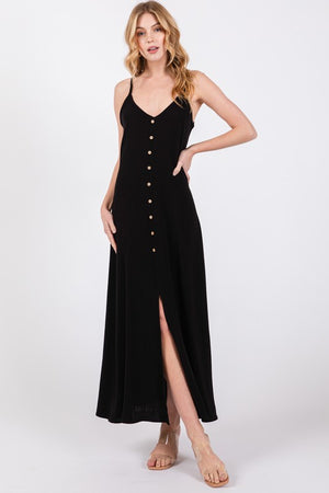 Black Linen Button Down Maxi Dress- -Trendy Me Boutique, Granada Hills California