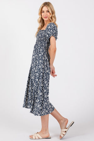 Blue White Floral Smock Dress- -Trendy Me Boutique, Granada Hills California