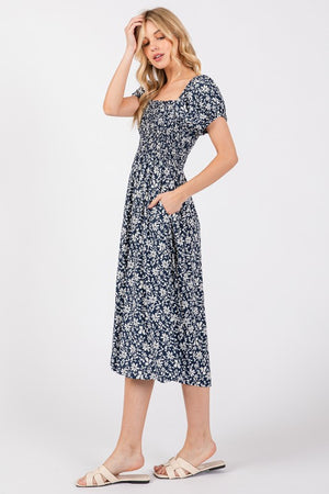 Blue White Floral Smock Dress- -Trendy Me Boutique, Granada Hills California