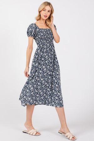 Blue White Floral Smock Dress- -Trendy Me Boutique, Granada Hills California