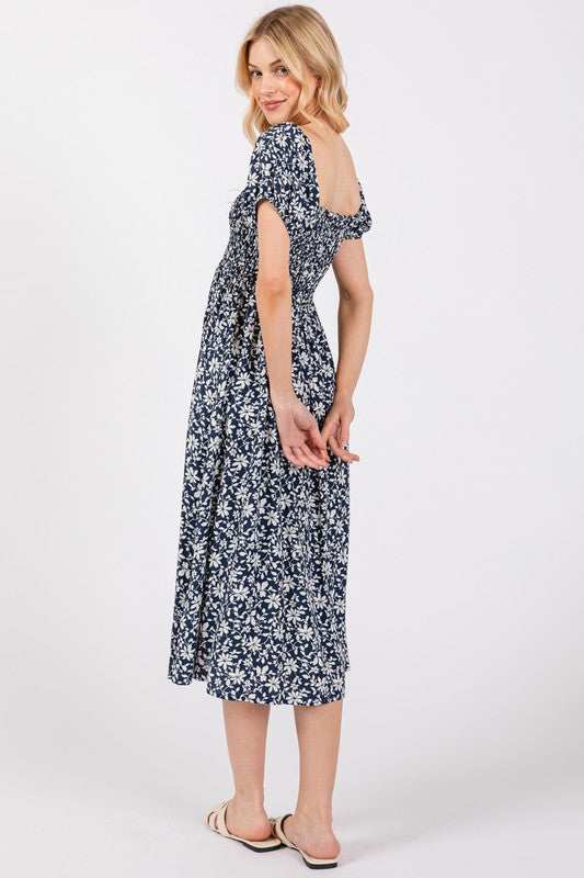 Blue White Floral Smock Dress- -Trendy Me Boutique, Granada Hills California