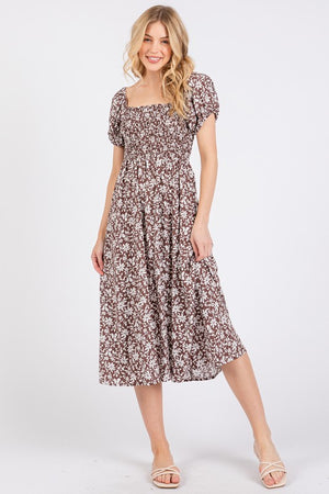 Brown Ivory Floral Smock Dress- -Trendy Me Boutique, Granada Hills California