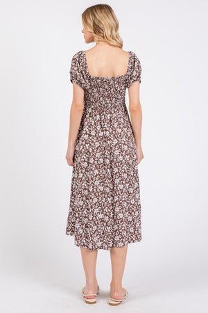 Brown Ivory Floral Smock Dress- -Trendy Me Boutique, Granada Hills California