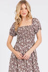 Brown Ivory Floral Smock Dress- -Trendy Me Boutique, Granada Hills California