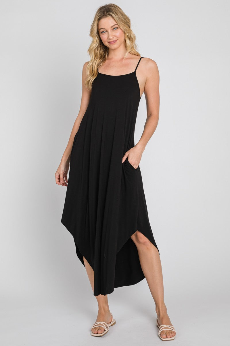 Black Spaghetti Strap Curved Hem Knit Dress- -Trendy Me Boutique, Granada Hills California