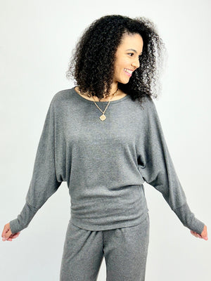 Charcoal Cashmere Rib Dolman Sleeve Top- -Trendy Me Boutique, Granada Hills California