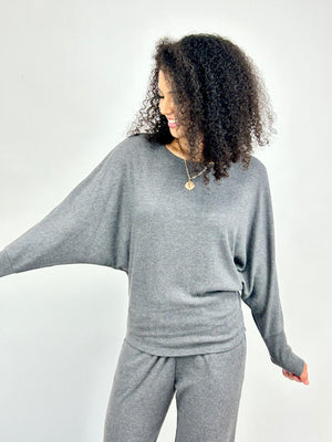 Charcoal Cashmere Rib Dolman Sleeve Top- -Trendy Me Boutique, Granada Hills California