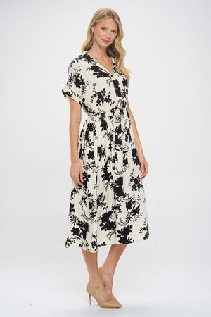 Cream Black Floral Midi Dress- -Trendy Me Boutique, Granada Hills California