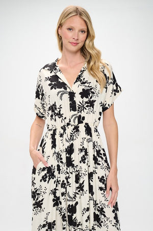 Cream Black Floral Midi Dress- -Trendy Me Boutique, Granada Hills California