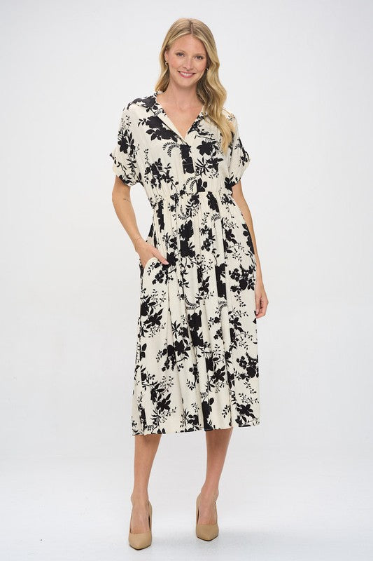 Cream Black Floral Midi Dress- -Trendy Me Boutique, Granada Hills California