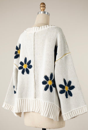 Ivory Blue Daisy Sweater- -Trendy Me Boutique, Granada Hills California