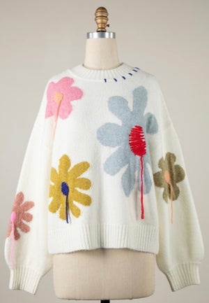 Ivory Yarn Flower Sweater- -Trendy Me Boutique, Granada Hills California