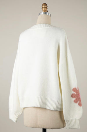 Ivory Yarn Flower Sweater- -Trendy Me Boutique, Granada Hills California