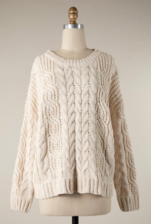 Cream Cable Knit Pull On Sweater- -Trendy Me Boutique, Granada Hills California