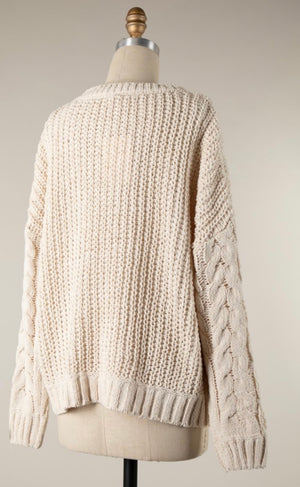 Cream Cable Knit Pull On Sweater- -Trendy Me Boutique, Granada Hills California