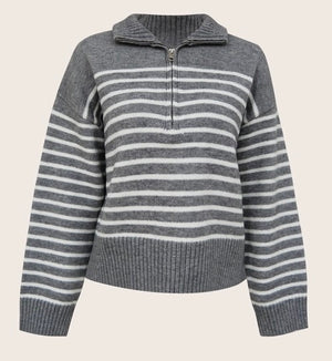 Grey Stripe Zipper Sweater- -Trendy Me Boutique, Granada Hills California