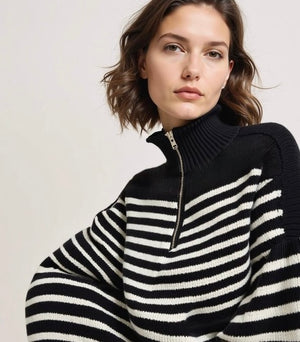 Grey Stripe Zipper Sweater- -Trendy Me Boutique, Granada Hills California