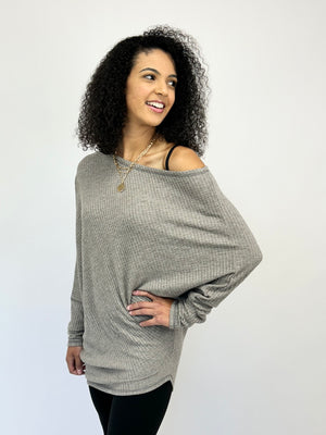 Charcoal Diagonal Hem Waffle Knit Top- -Trendy Me Boutique, Granada Hills California