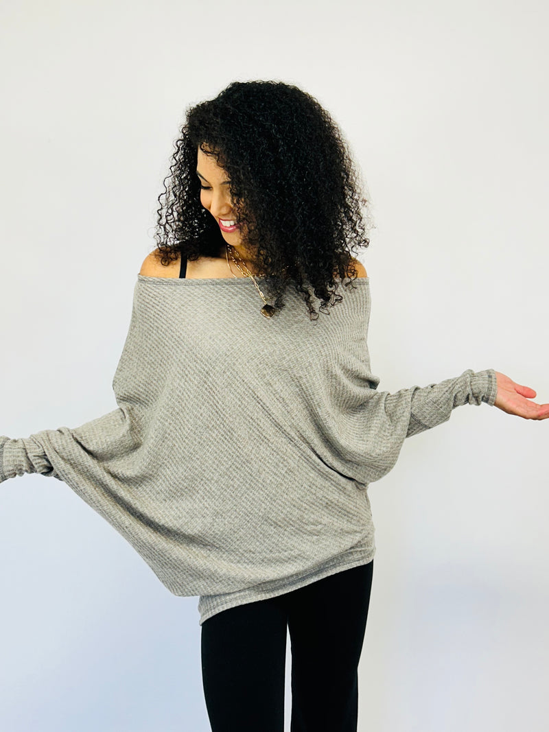 Charcoal Diagonal Hem Waffle Knit Top- -Trendy Me Boutique, Granada Hills California