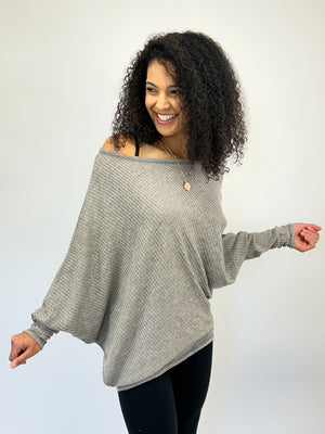 Charcoal Diagonal Hem Waffle Knit Top- -Trendy Me Boutique, Granada Hills California