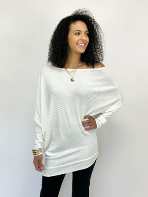 Ivory Diagonal Hem Waffle Knit Top- -Trendy Me Boutique, Granada Hills California