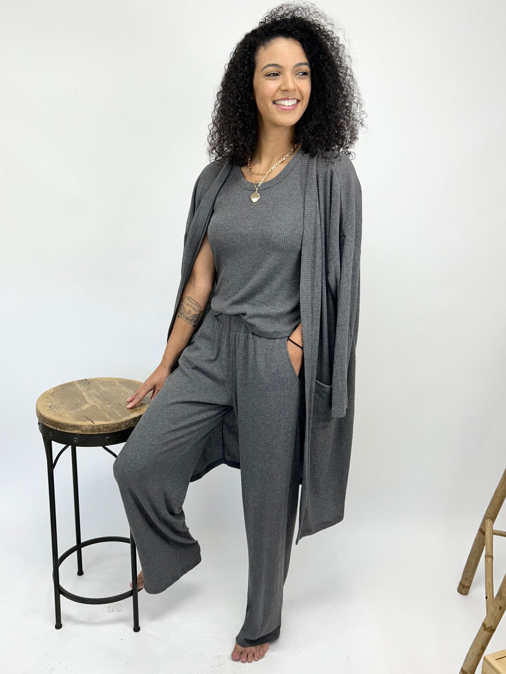 Charcoal Cashmere Rib Cardigan- -Trendy Me Boutique, Granada Hills California