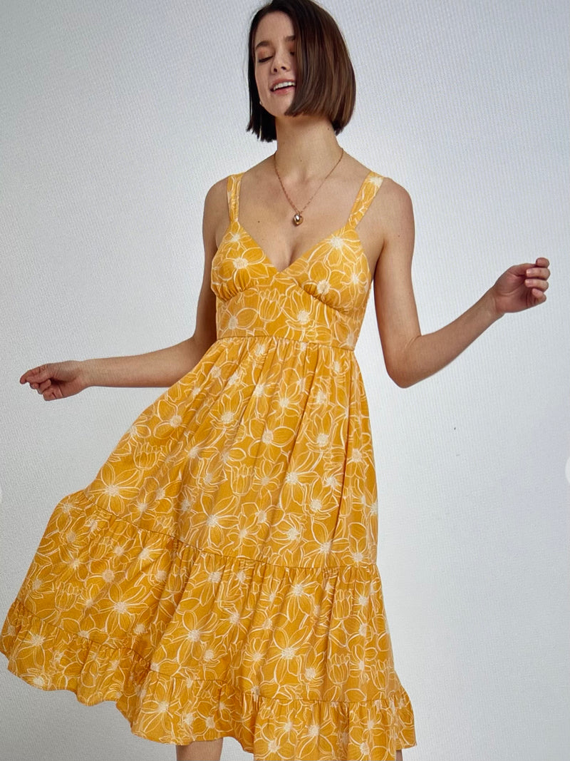 Marigold Floral Tiered Dress- -Trendy Me Boutique, Granada Hills California