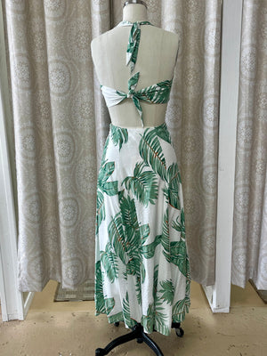 Green Leaf Print Halter Dress- -Trendy Me Boutique, Granada Hills California