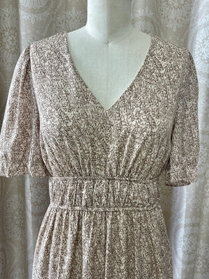 Taupe Printed Smock Waist Dress- -Trendy Me Boutique, Granada Hills California