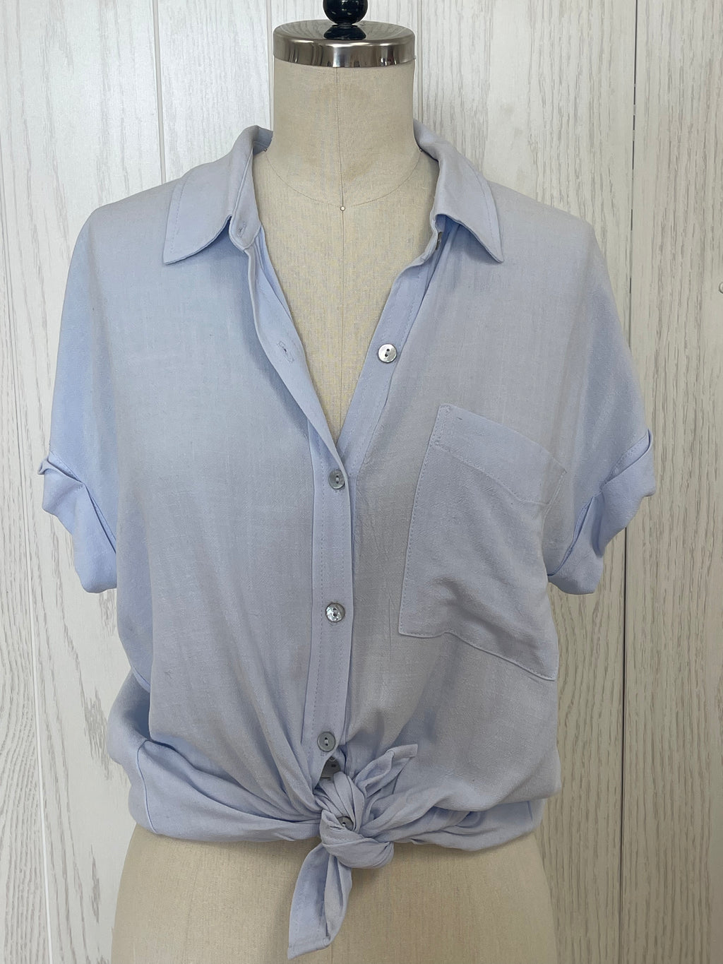 Blue short sleeve button down blouse- -Trendy Me Boutique, Granada Hills California