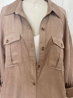 Taupe Suede Two Pocket Button Shirt- -Trendy Me Boutique, Granada Hills California