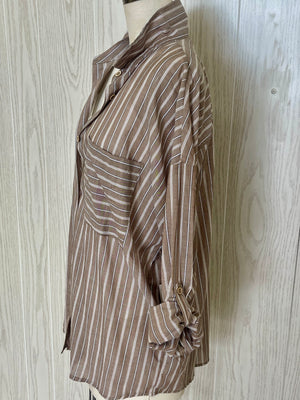 Taupe stripe loose fit button down shirt- -Trendy Me Boutique, Granada Hills California