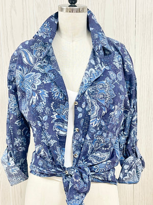 Blue Paisley Button Down Blouse- -Trendy Me Boutique, Granada Hills California