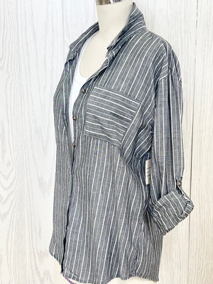 Charcoal stripe loose fit button down shirt- -Trendy Me Boutique, Granada Hills California