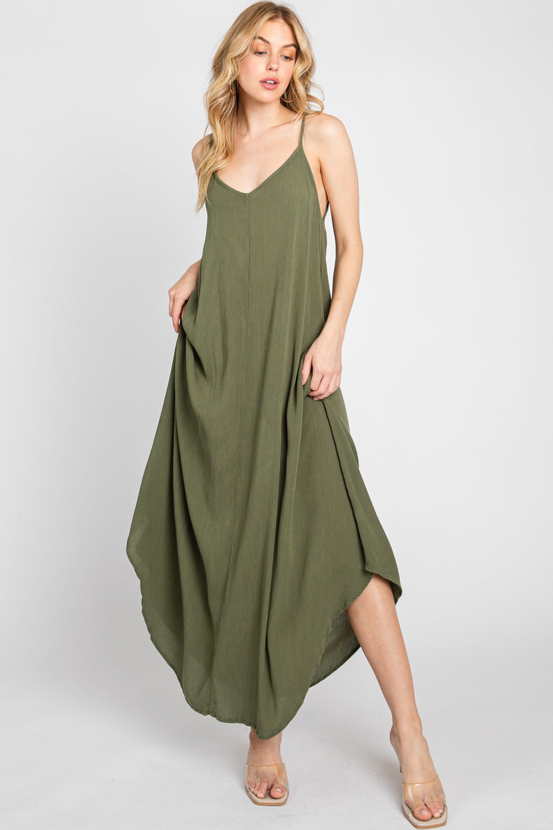Olive Spaghetti Crinkle Rayon Maxi Dress- -Trendy Me Boutique, Granada Hills California