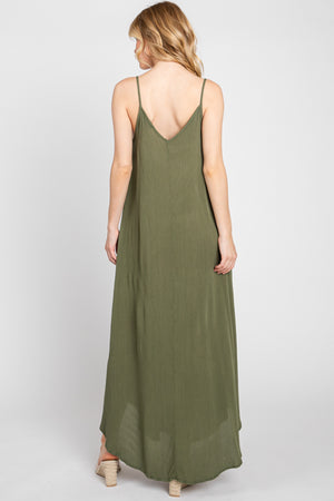 Olive Spaghetti Crinkle Rayon Maxi Dress- -Trendy Me Boutique, Granada Hills California