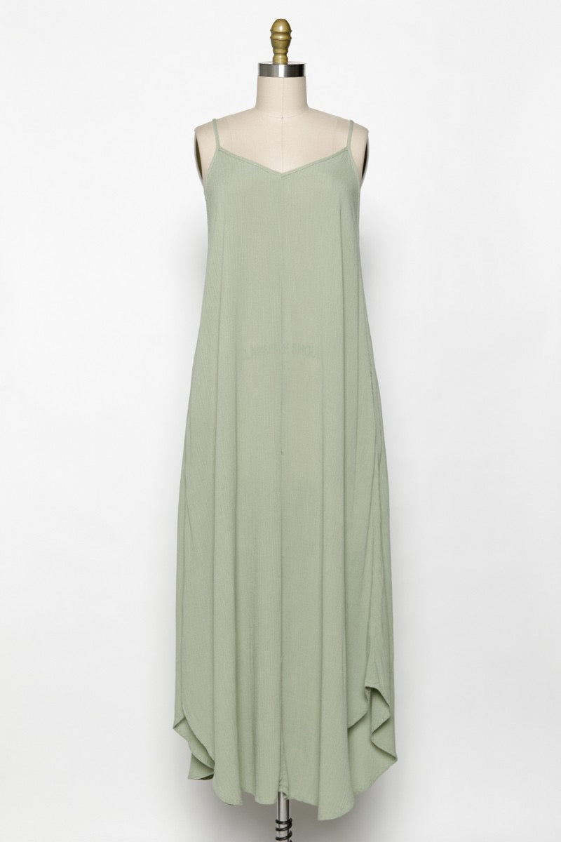 Sage Spaghetti Crinkle Rayon Maxi Dress- -Trendy Me Boutique, Granada Hills California