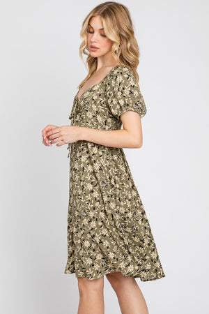 Olive Floral Smocking Tie Front Dress- -Trendy Me Boutique, Granada Hills California