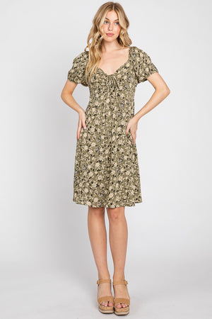 Olive Floral Smocking Tie Front Dress- -Trendy Me Boutique, Granada Hills California