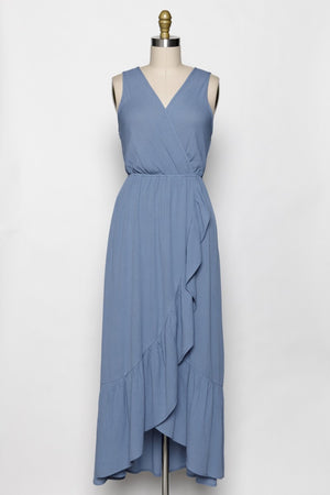 Blue Cross Over Ruffle Wrap Dress- -Trendy Me Boutique, Granada Hills California